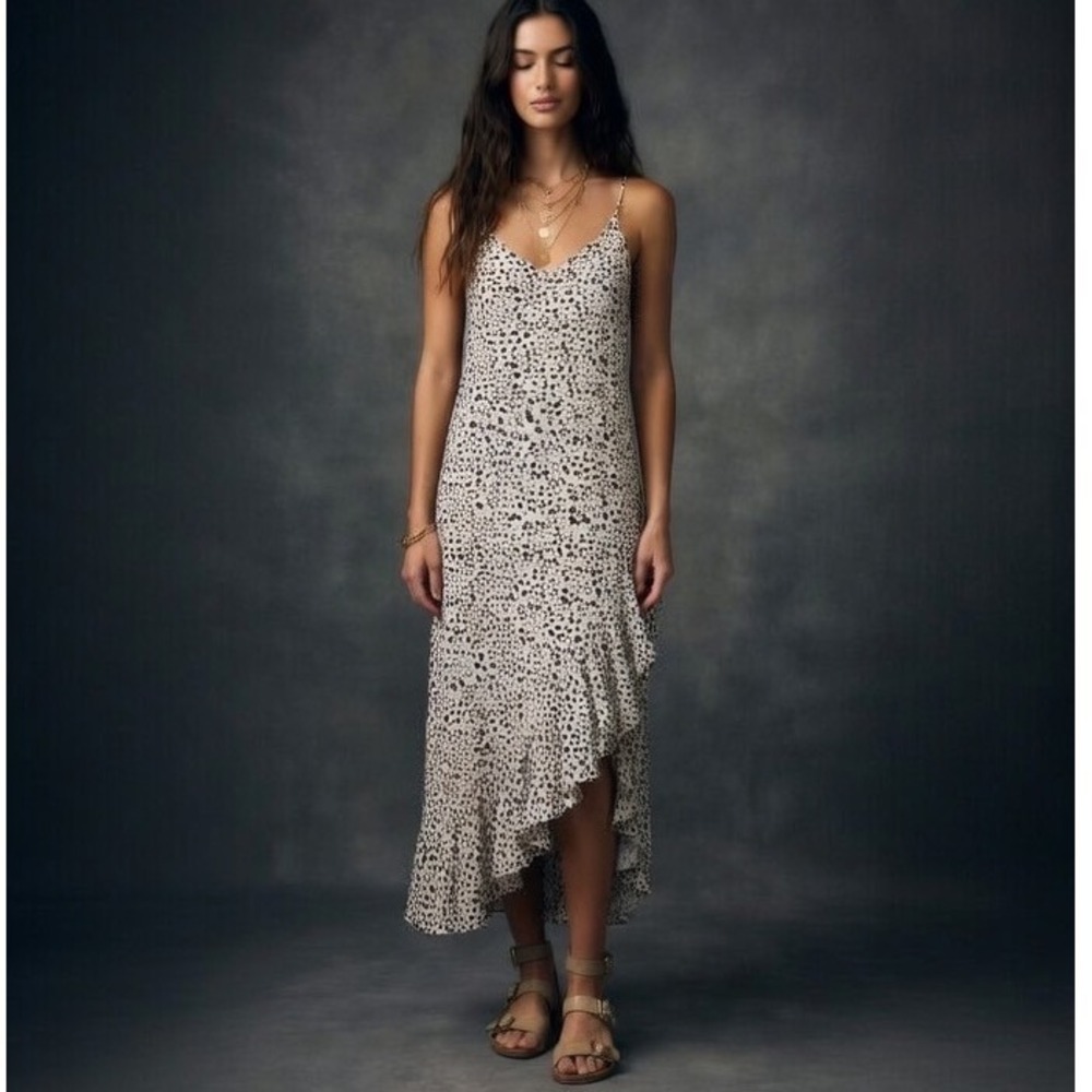 THML Women XS Cream Black Dalmatian Print Ruffle‎ Asymmetrical Halter Dress